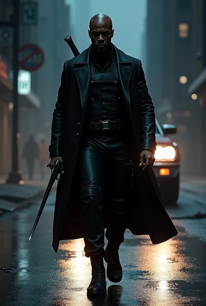 Hiper focus, wesley snipes como Blade (marvel) walking down a dark street at night, sword in one hand, black man wearing a black overcoat, an impala in the background, black military vest, black military pants, black combat boots, short black hair, ultra realisitic, Reality, hiperReality