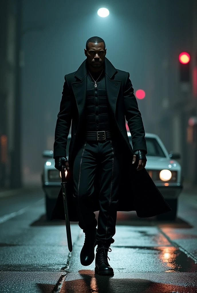Hiper focus, wesley snipes como Blade (marvel) walking down a dark street at night, sword in one hand, black man wearing a black overcoat, an impala in the background, black military vest, black military pants, black combat boots, short black hair, ultra realisitic, Reality, hiperReality