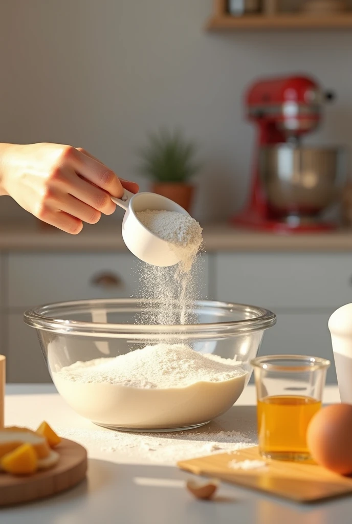 Put flour on the mixed sugar, oil and eggs with a cup and mix them with mixer