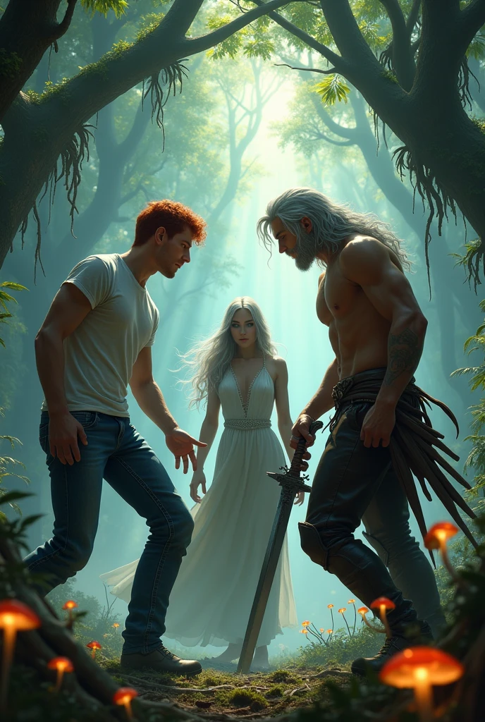 two mens, an 18 year old young man, short red hair , wearing jeans and a white t-shirt, lean, muscular body and red hair,  and a man with long white hair and a youthful appearance similar to Henry Cavill, with animal leather pants, bare chest and holding a sword,  muscular and facing a red-haired woman with an evil appearance in the enchanted forest