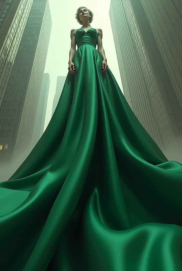 The women wearing emerald green satin giant eating buildings,relaistic view