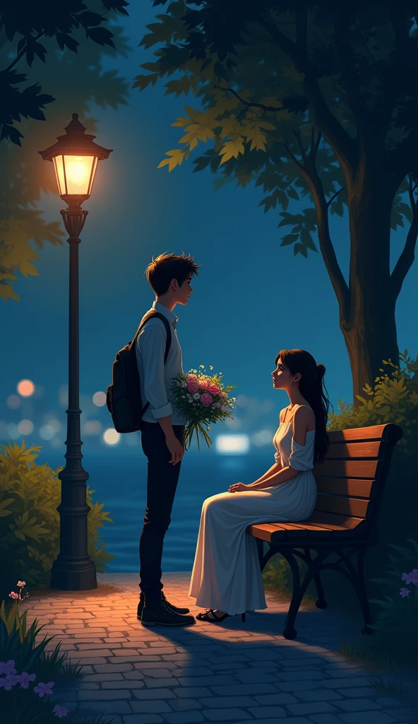 "A calm night setting with a young man standing on a cobblestone path, holding a bouquet of flowers in his hand. He gazes towards a woman seated on a nearby wooden bench under a streetlamp. Soft, warm light from the lamp gently falls on the woman, highlighting her thoughtful expression. The surrounding scene is dimly lit with a few glowing city lights in the distance, while shadows from the trees add depth and contrast to the quiet, romantic atmosphere. The woman is dressed elegantly, lost in her thoughts, creating a serene and intimate moment between the two."