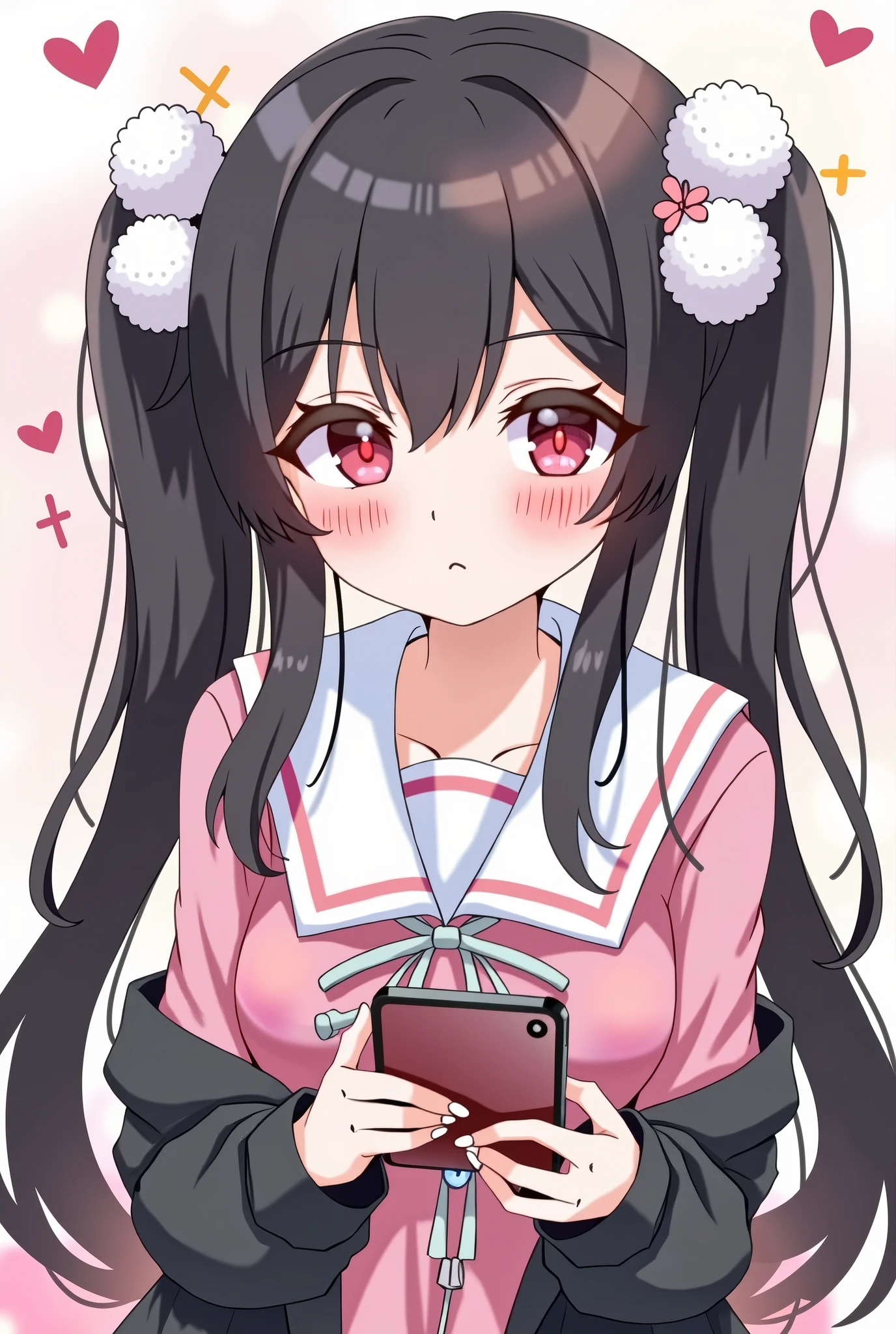 One person, Black Hair,Pink inner color,Long Hair, bangs,Half pigtails Close your mouth, Pink eyes, Droopy eyes,Take a closer look, Hearts in eyes, Simple Background, ribbon, Headband, White fluffy hair accessories, earphone, anime, anime風, skirt,Pale skin,Frills,Mine system,smartphone,Looking down,No eyebrows,Red eyeshadow under the eyes,Pink Sailor Suit,Dark cardigan,Drooping eyes,Confused eyes