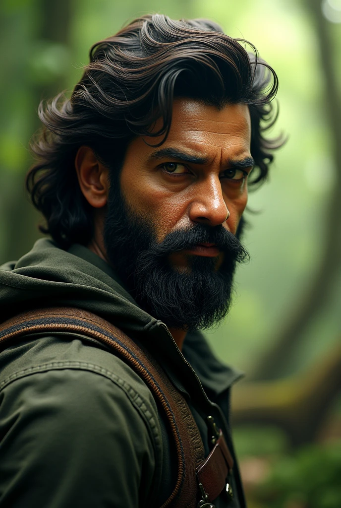 Generate an image of superstar maheshbabu from tollywood with beard and long hair from movie ssmb29 directed by rajamouli which is a forest adventure