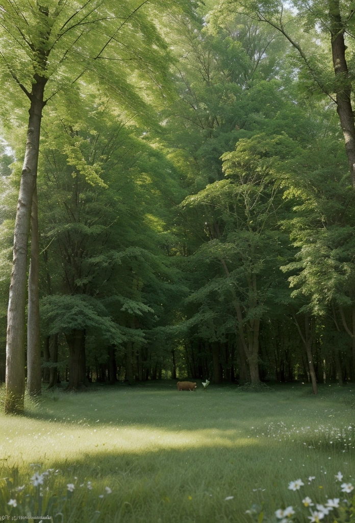 Create a realistic image of a lush green forest in spring, with tall trees full of bright green leaves, colorful flowers blooming all over the ground, and warm sunlight filtering through the branches. There are various wild animals such as birds flying in the sky and rabbits hopping in the grass, creating a peaceful and lively atmosphere."