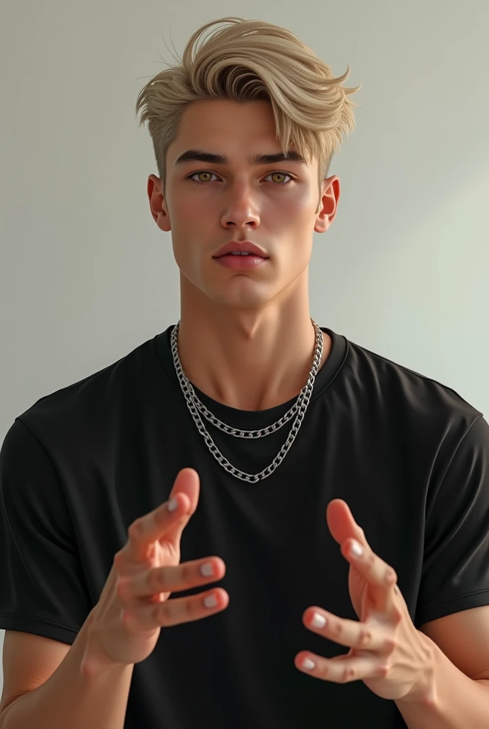 Create a photorealistic image of a boy, handsome and slim, with light blonde hair, Very short hair combed to one side. The man has a serious but attractive expression, with honey-colored eyes that capture the light. He wears a thick silver chain hanging from his neck.. The boy is wearing a black t-shirt, has visible hands, posed naturally in front of him or to the sides, with a relaxed posture. The background should be simple and neutral, allowing the main focus to be on the boy's face, Her hands, and their facial details. short hair (delgado) whole body