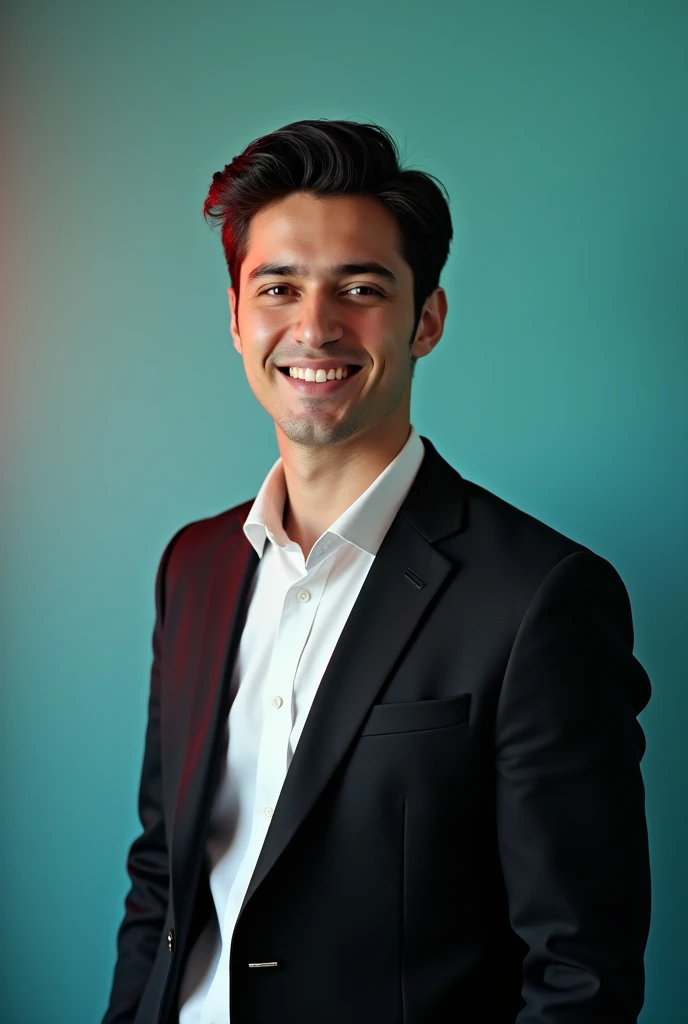 A young man with dark hair and a confident smile. He is dressed in a black blazer over a thite shirt. The man is positioned against aqua colour backdrop  with a subtle red lighting on the left side. And he posing for linkdin pgofile. 
