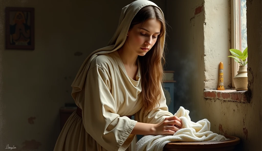 The Virgin Mary, a humble young woman, wears a simple robe as she goes about her daily tasks, such as washing clothes. Your expression reflects your dedication and kindnes