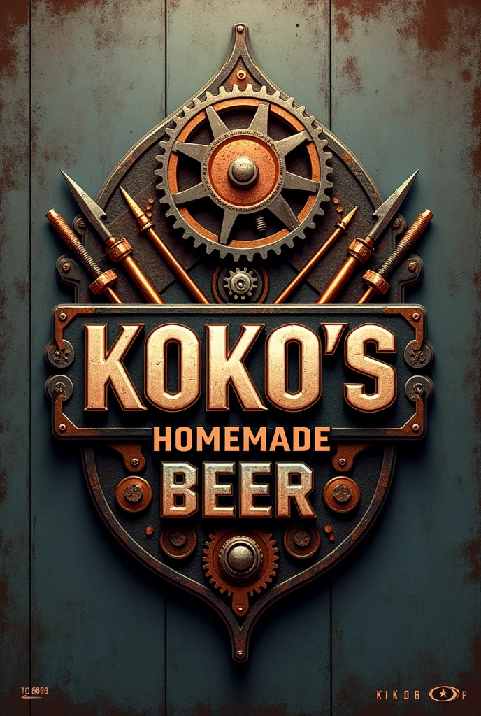 Label for my company, should be manly, and rugged. use gears, copper and tools, and my company name, “Koko׳s homemade beer” as a centrepiece 