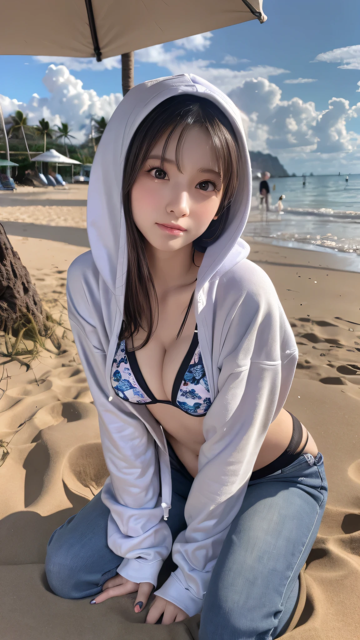 in 8K,photos realistic (1 Cute Japanese Idol ) low-tied long hair, Thin makeup, Medium chest size, Close-up portrait, nffsw、Punk Girl、Pendants,breasts deep cleavage、FULL BODYSHOT、beauty legs、Beautiful legs、16-year-old 、She's looking at this、(Super beautiful girl:1.5)、(A detailed face)、Adult face、Bare legs, thighs、a closeup、full body Esbian、Nasty eyes、((Random sexy poses:1.5)),((full shot:1.5)),((beautiful skin:1.5)) ,,((extra small micro bikini:1.5)),((Wearing a large hoodie with the front open:1.7)),((An inviting pose:1.7)),((Beach:1.7)),((Embarrassed face:1.7))