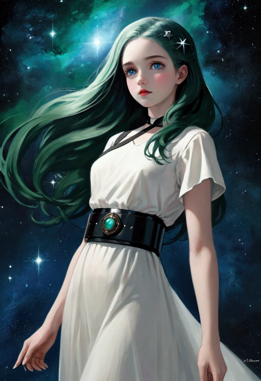 A girl,blue eyes,Innocence, Long dark green hair, White Dress, Black belt,weak,painting, Official Art, Matte tinting, 1930s, psychic, nebula,(Stars), Meteor Showers,((Inspired by: imeon Solomon)),(masterpiece),(best quality:1.1),