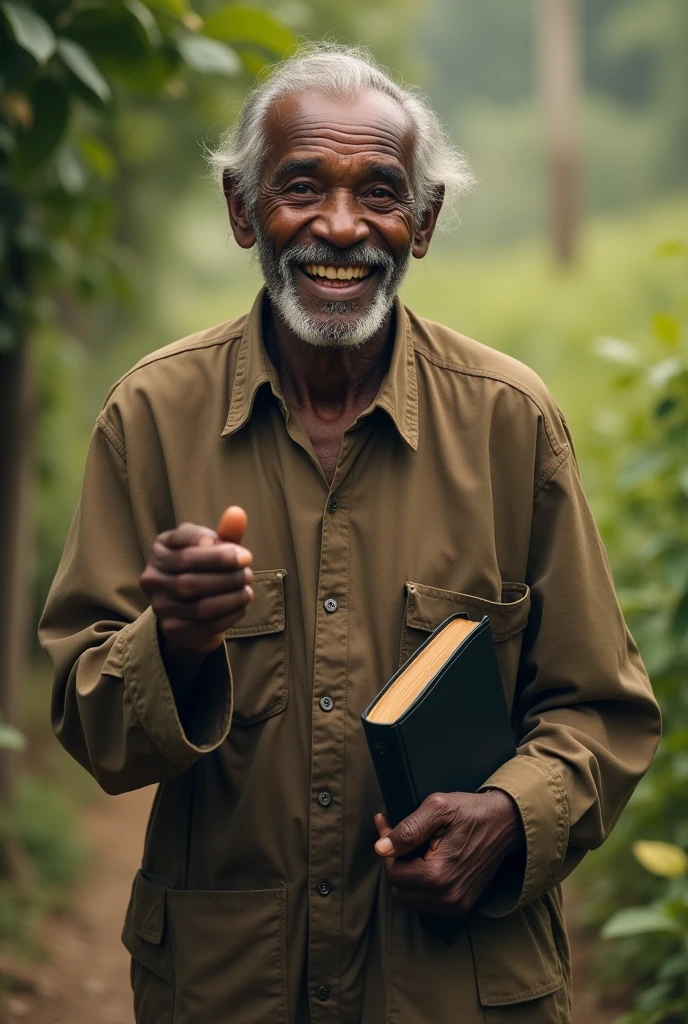 An old man , black skinned ,smiling , holding black  Bible, walking 