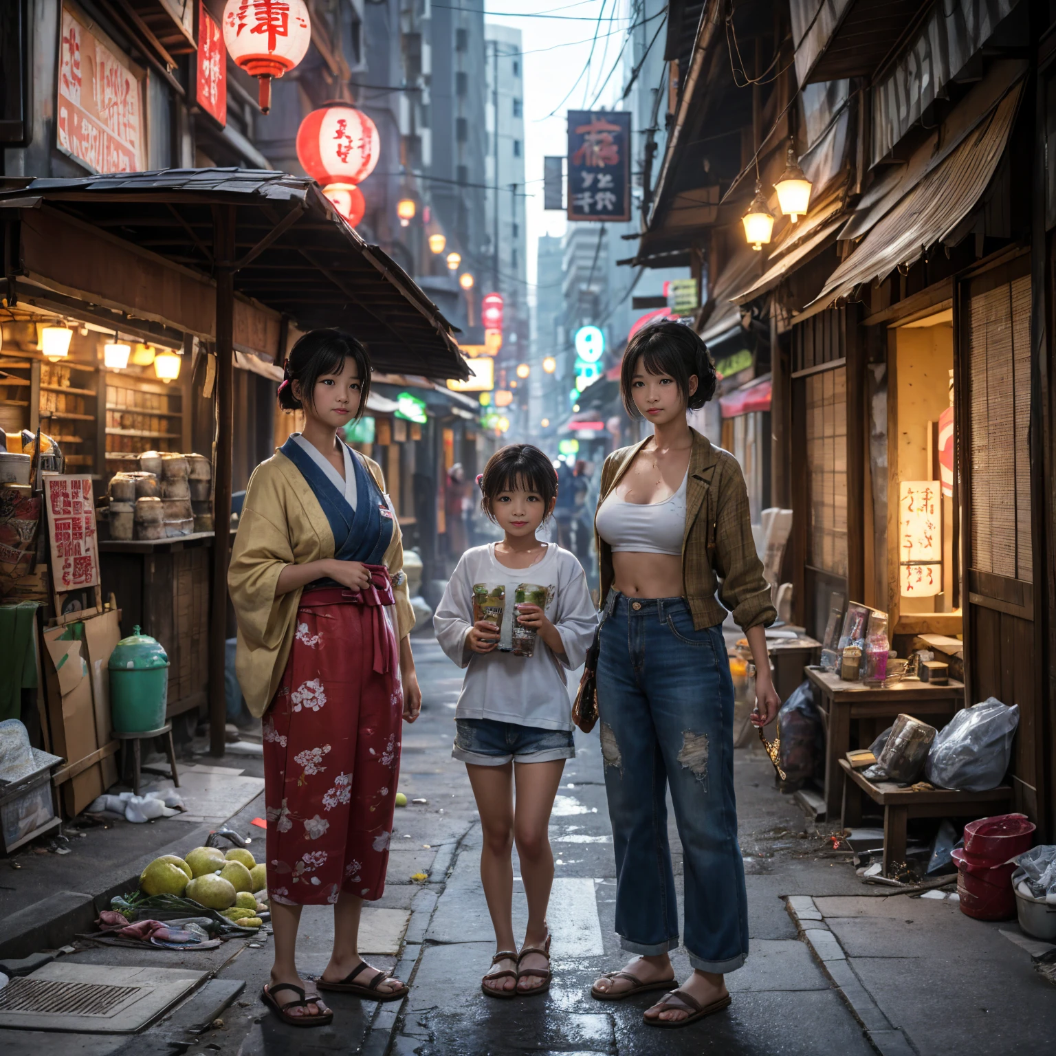 ((masterpiece、Highest quality))、Beautiful girls gather.、Three girls in summer clothes、(Showa Retro:1.2)、(Detailed and cute face:1.3)、(Poor conditions、Japan's poor neighborhoods、Dim and unsanitary、Standing Bar、みんなで楽しくdiet、Crumbling underground shopping mall)、屋台のdiet店、stage、sewage、Dirty shop、street vendors、Unsanitary and abandoned city、smile、diet、Poor person々