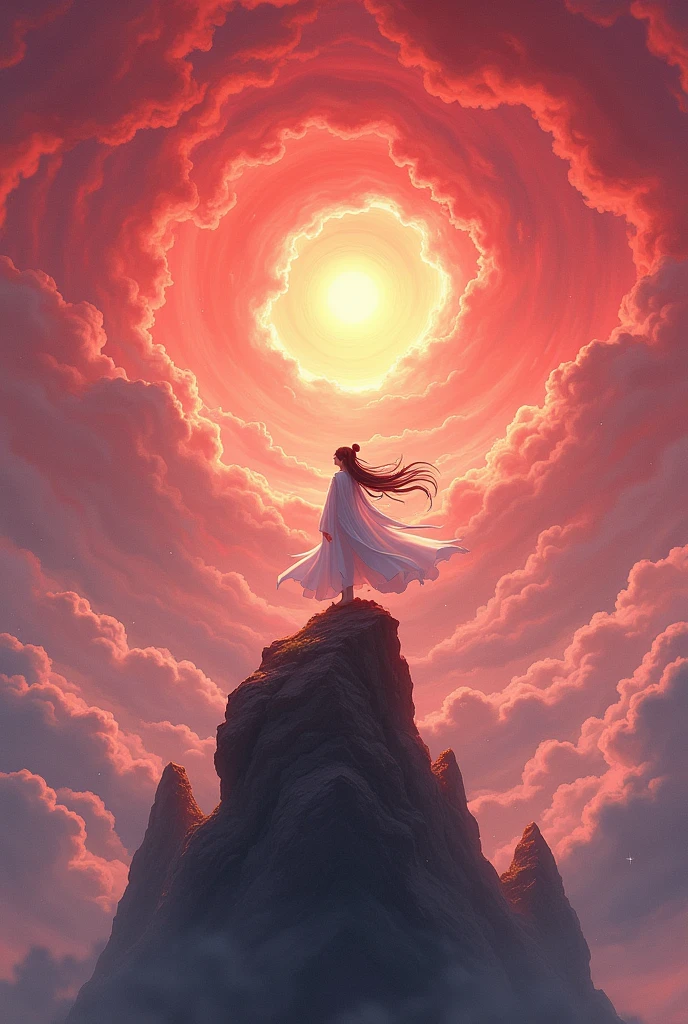 Page 1:
The scene opens in a world of immortals. The sky is deep red, clouds swirl like dragons, and the energy of the wind is thick and palpable. The young immortal “Bai Chen” stands on the highest peak of the mountain, looking down at the sea of clouds below. He wears a long white robe, his long hair fluttering in the wind, and the spiritual energy around him radiates powerfully. Bai Chen (Think to yourself): “I have reached the peak of cultivation in this world… but why do I still feel like something is missing??”