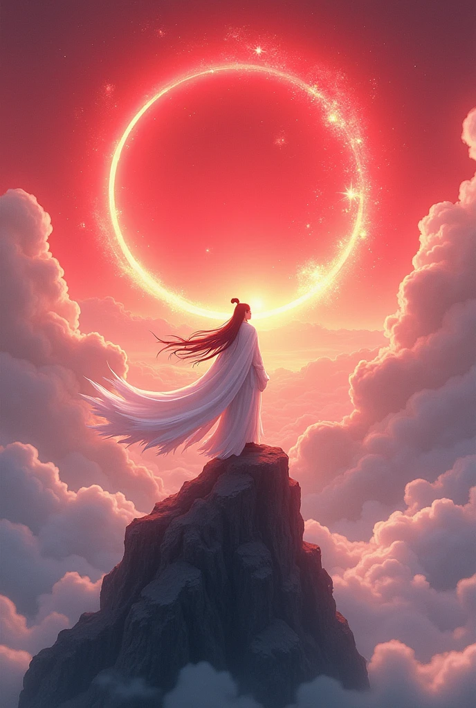 Page 1:
The scene opens in a world of immortals. The sky is deep red, clouds swirl like dragons, and the energy of the wind is thick and palpable. The young immortal “Bai Chen” stands on the highest peak of the mountain, looking down at the sea of clouds below. He wears a long white robe, his long hair fluttering in the wind, and the spiritual energy around him radiates powerfully. Bai Chen (Think to yourself): “I have reached the peak of cultivation in this world… but why do I still feel like something is missing??”