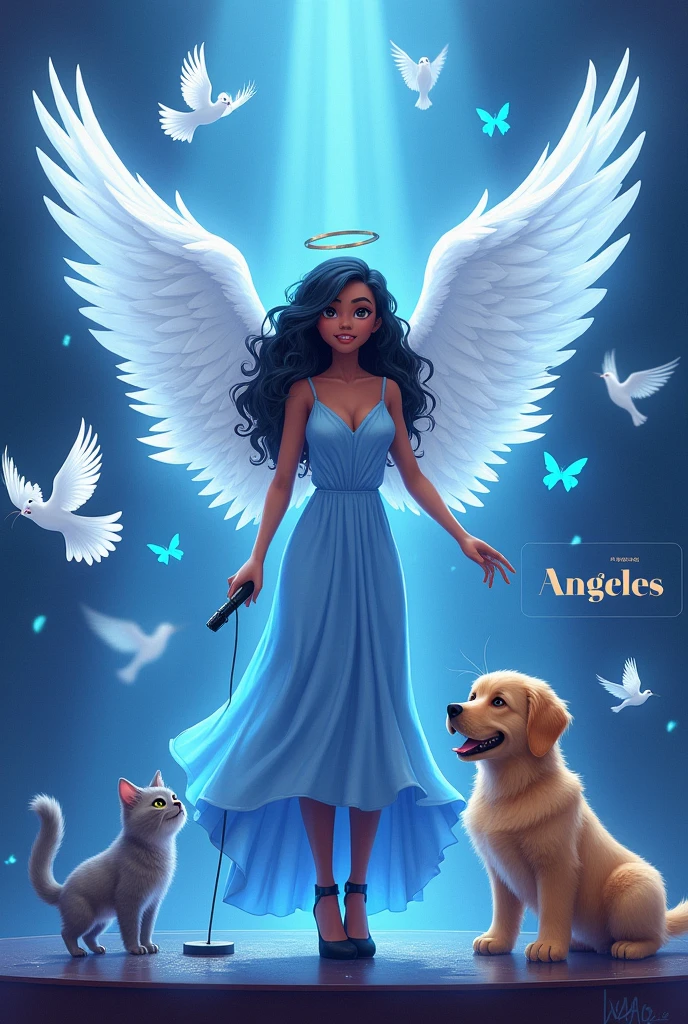 
A 26 year old girl with light dark skin ,with big wings like an angel with a smile and has braces on her teeth , her wavy black hair her wide nose with a long blue dress and high black heels like a Goddess on a stage full of white and blue doves and blue butterflies she feeling a microphone , At his side are his 3 pets, a big grey angora kitten, lead-colored all over its body, and his other pet, which is a yellow and white kitten, Her name is Nini, She is smaller, and his last pet, which is a big beige Golden puppy, His name is Little Bear, On stage she has a big name that says Angeles.