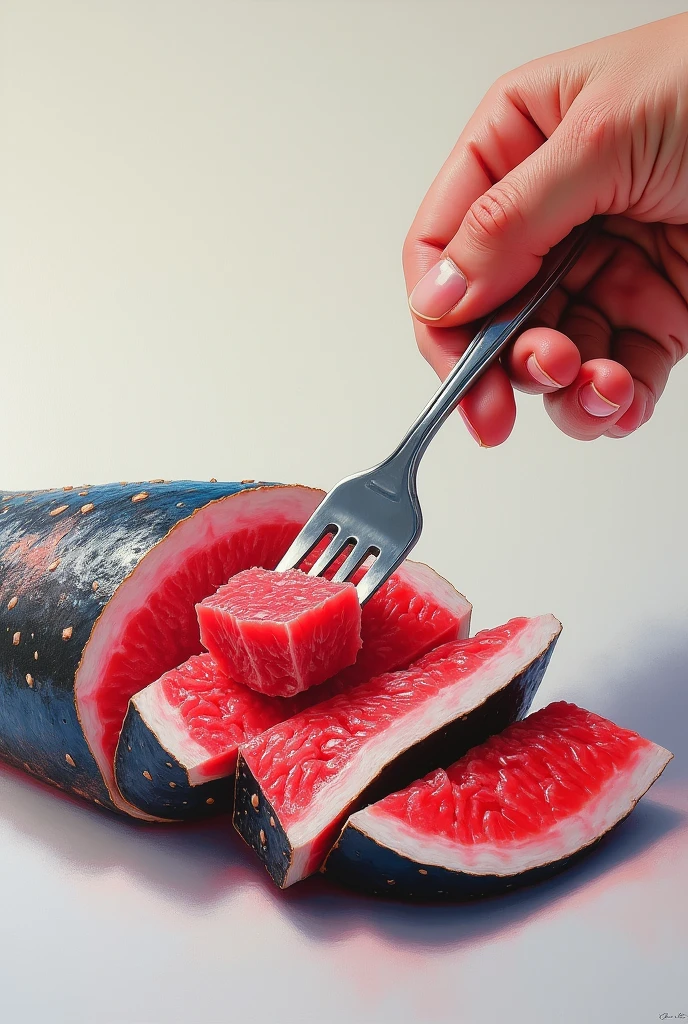 Whole Tuna slices someone's getting a piece using fork painting