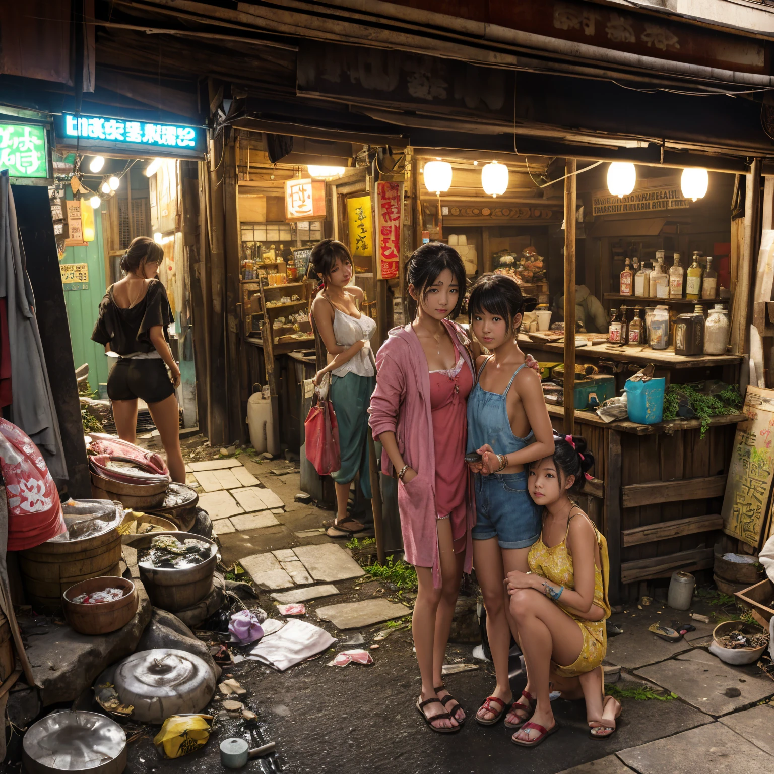 
((masterpiece、Highest quality))、Beautiful girls gather.、Three girls in summer clothes、(Showa Retro:1.2)、(Detailed and cute face:1.3)、(Poor conditions、Japan's poor neighborhoods、Dim and unsanitary、Standing Bar、みんなで楽しくdiet、Crumbling underground shopping mall)、屋台のdiet店、stage、sewage、Dirty shop、street vendors、Unsanitary and abandoned city、smile、diet、Poor person々