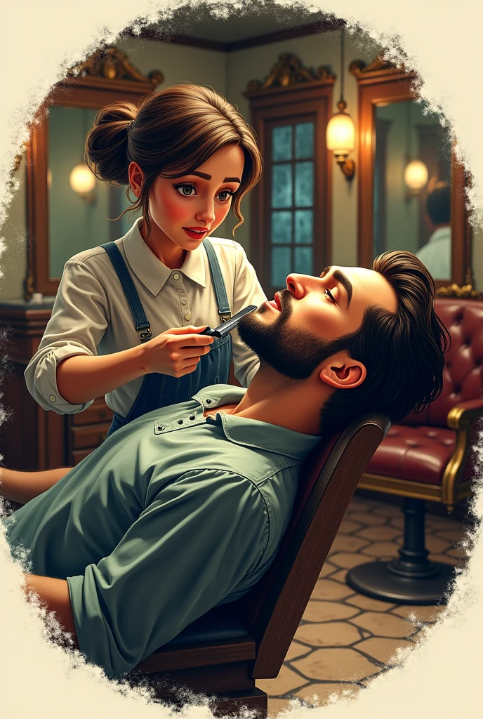 Woman shaving man rough animation for barbershop logo with round frame 