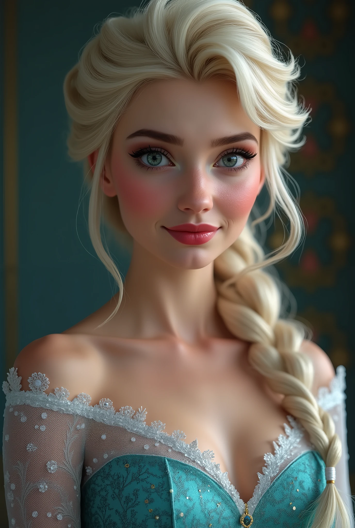 A stunning portrait of Elsa, young and beautiful, hyper realistic, real portrait, backlit, exquisite features, cleavage