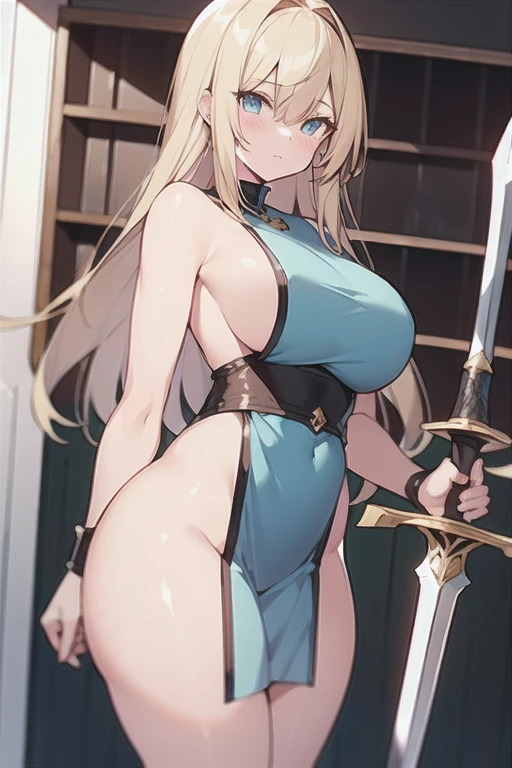 1 Cute naughty knight armor girl, Pastel colors hair, (large breasts:1.2, Thighs:1.2, thick legs:1.2, curvy:1.2), blonde hair, hair down, bangs between eyes, long hair, blue eyes,(naked:1.3), standard height, (blush:1.2, expressionless), garter ring, at the adventurer's guild, A bulletin board with posted paper, holding sword