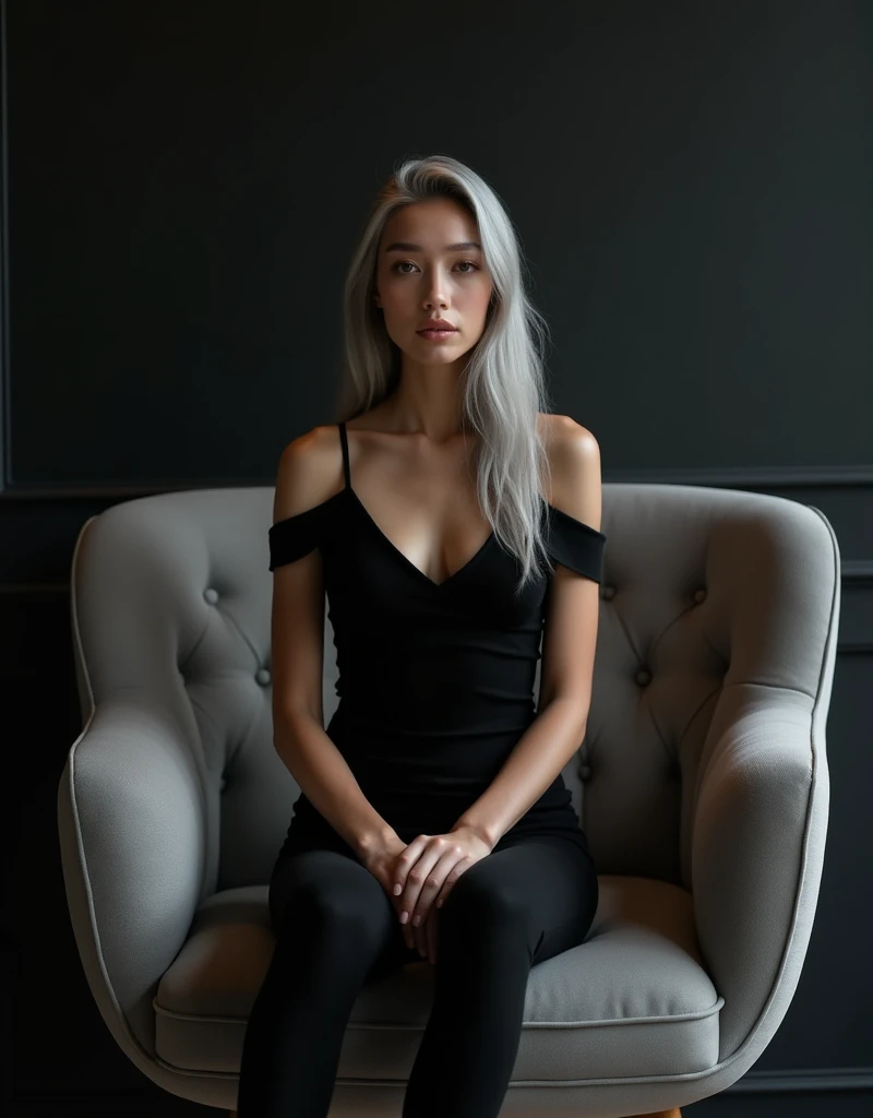 Girl sits elegantly on a modern soft chair, looks straight, Sits up straight, Against the background of a dark room, black off shoulder top, light gray long hair, good lighting, realistically, photo