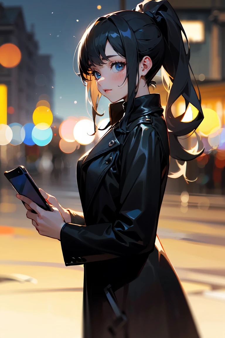 (masterpiece, best quality:1.3), highly detailed, from side, 1girl, black hair, high ponytail, long ponytail, (single sidelock), deep ocean eyes, smiley, pretty lipsticks, holding smartphone, looking at the phone, black leather long coat, late night street background, soft focus, ((bokeh)), light flare, absurdres