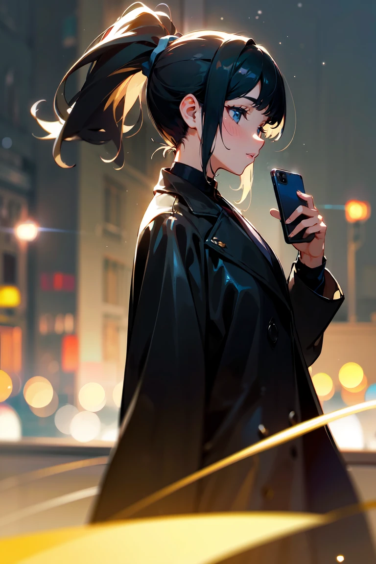 (masterpiece, best quality:1.3), highly detailed, from side, 1girl, black hair, high ponytail, long ponytail, (single sidelock), deep ocean eyes, smiley, pretty lipsticks, holding smartphone, looking at the phone, black leather long coat, late night street background, soft focus, ((bokeh)), light flare, absurdres