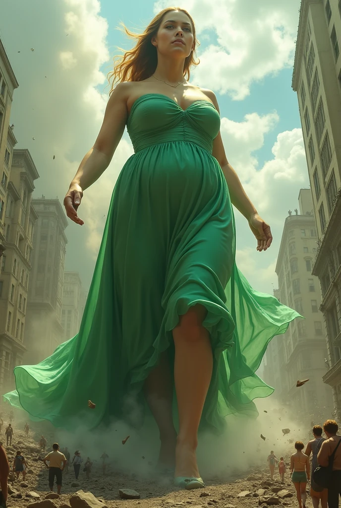 A women wearing green satin elegan her size increases and becomes a giant destroying citys she farts and people are running from her