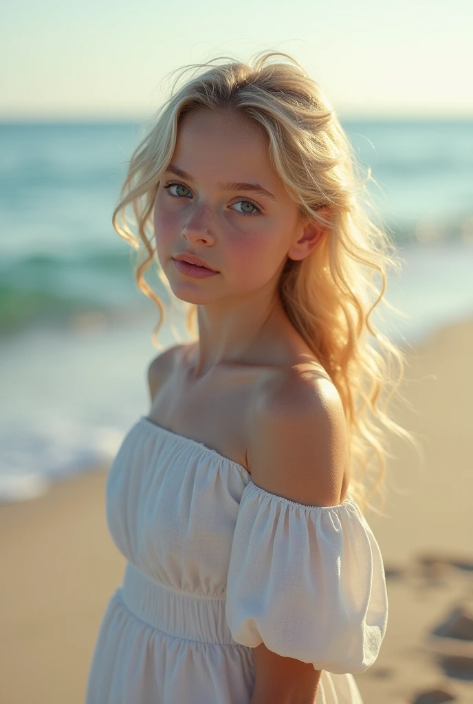 Create realistic 13-years-old girl photos with blonde hair (Length to the shoulders), Cute face, Whole body, Slender body, shapely legs, Thin ankles, thin-waist, Green eyes and big breasts, She is completely naked, She is on the beach.