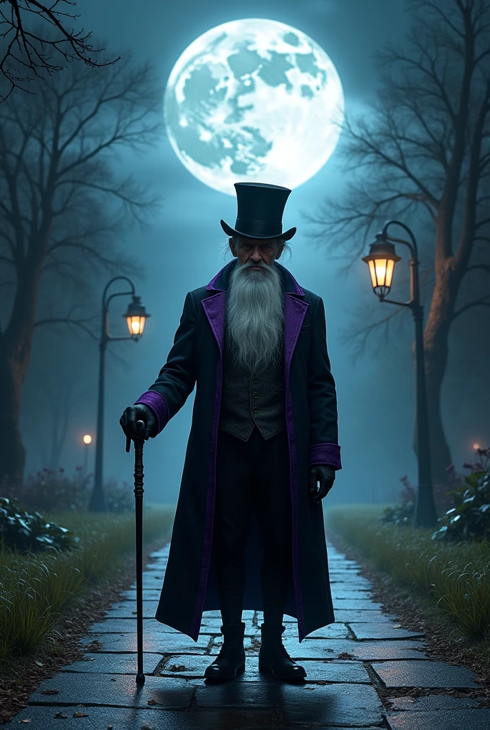 A crossroads at night with a full moon. In the middle of the crossroads an old man of short stature with a white beard, wearing a black and purple suit, a top hat on his head and a cane in his left hand