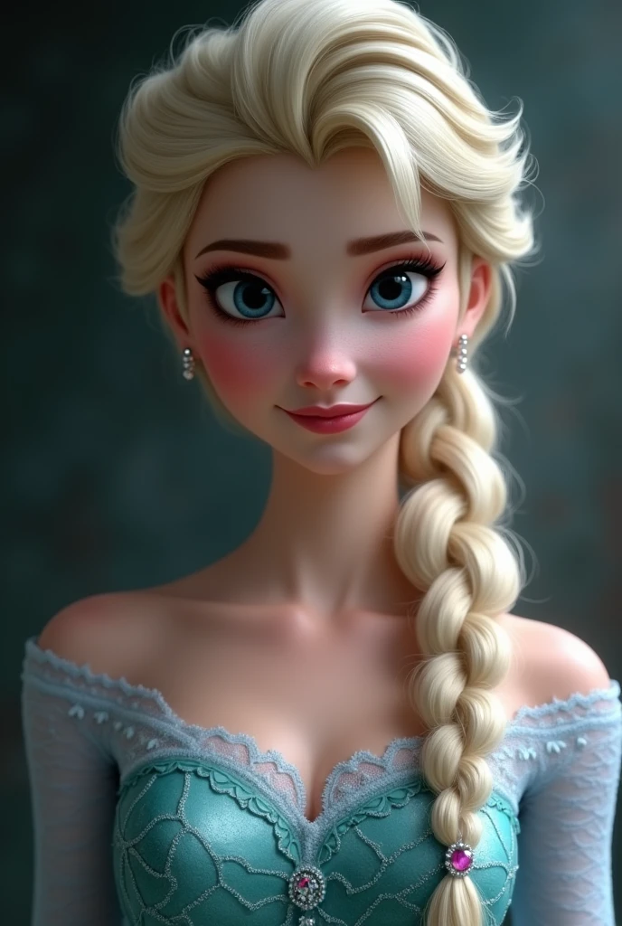 A stunning portrait of Elsa, young and beautiful, hyper realistic, real portrait, backlit, exquisite features, cleavage