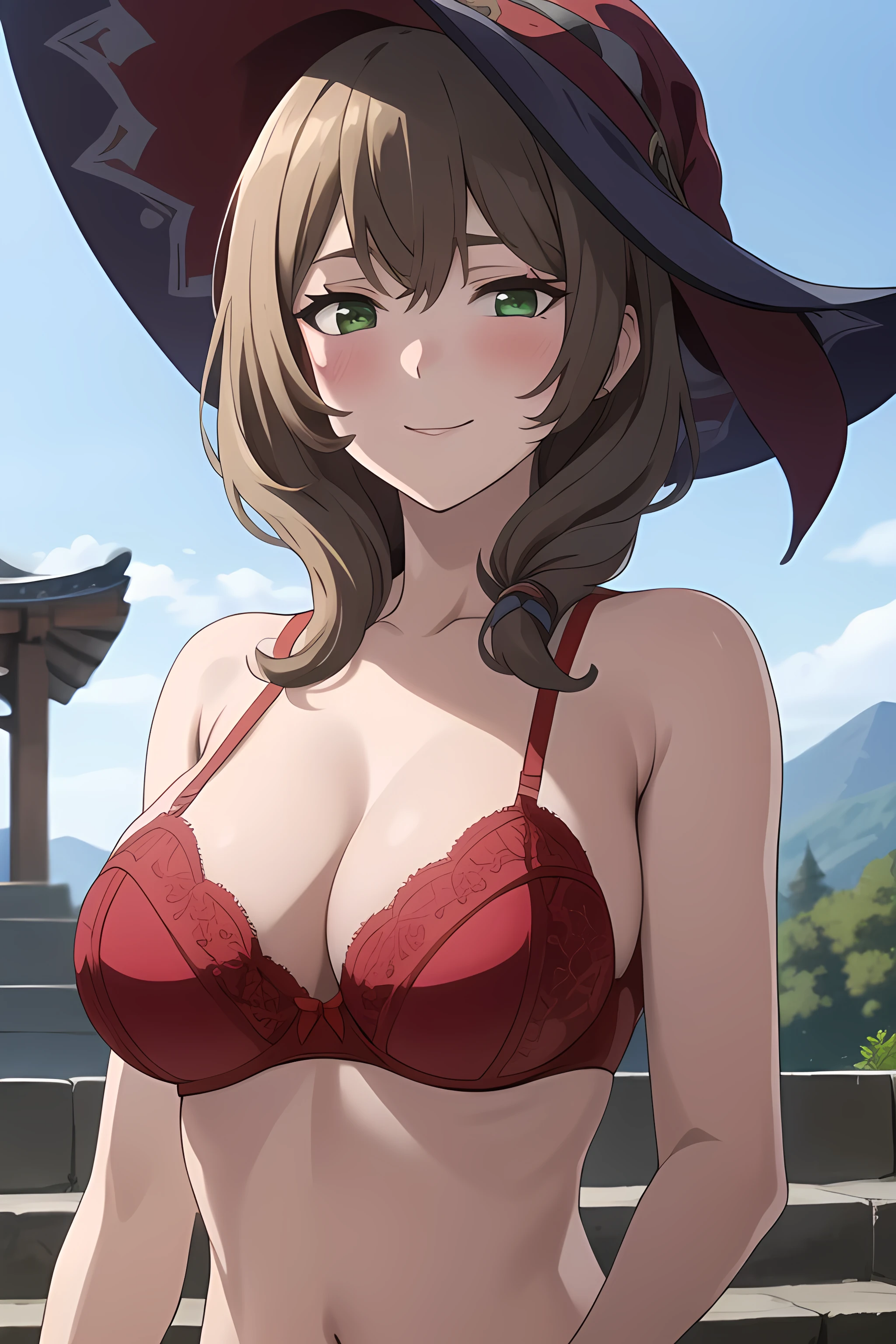 lisadef, upper body, smile, blush, outdoors, day, simple background, blue sky, short hair, sky, temple, looking at viewer, stairs, mountain, moody lighting, facing viewer, big breasts, shining breasts, cleavage, red lace bra, red lace lingerie, upper body, no hat, no cloth, upper body,
