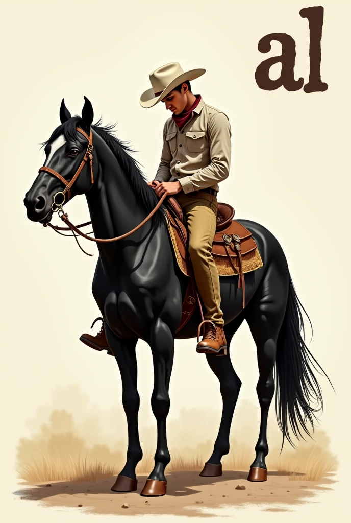 create an illustration of a 20 year old cowboy, no beard on the face, with a white hat and head down, riding a black quarter horse, with the letters "al" No canto superior direito