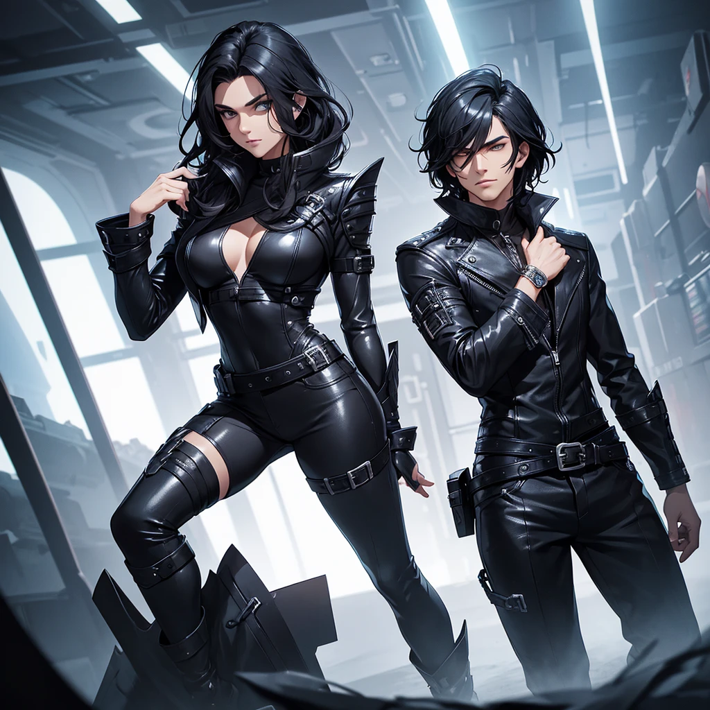 Make a man alone with short wavy black hair. He will wear black leather clothes with silver details.. He should look like the character Viego from League of Legends. he should be in a futuristic setting