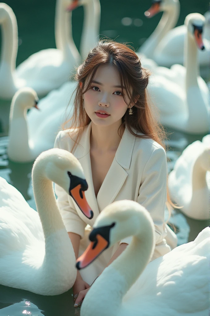 I'm taking photos for a new concept album. Create girl group concept photos with beautiful white swans