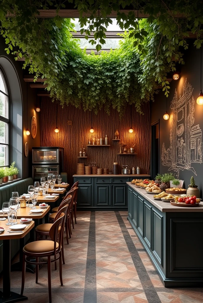 a vintage Italian restaurant, with vines on the roof, on the back wall wooden sticks, attached to the back wall, a kitchen and a refrigerator, On the right side, attached to the wall, a metal table for cooking, In the middle of the room an island to display food, on the side walls it will be black and with. Plaster drawings alluding to Italy.
