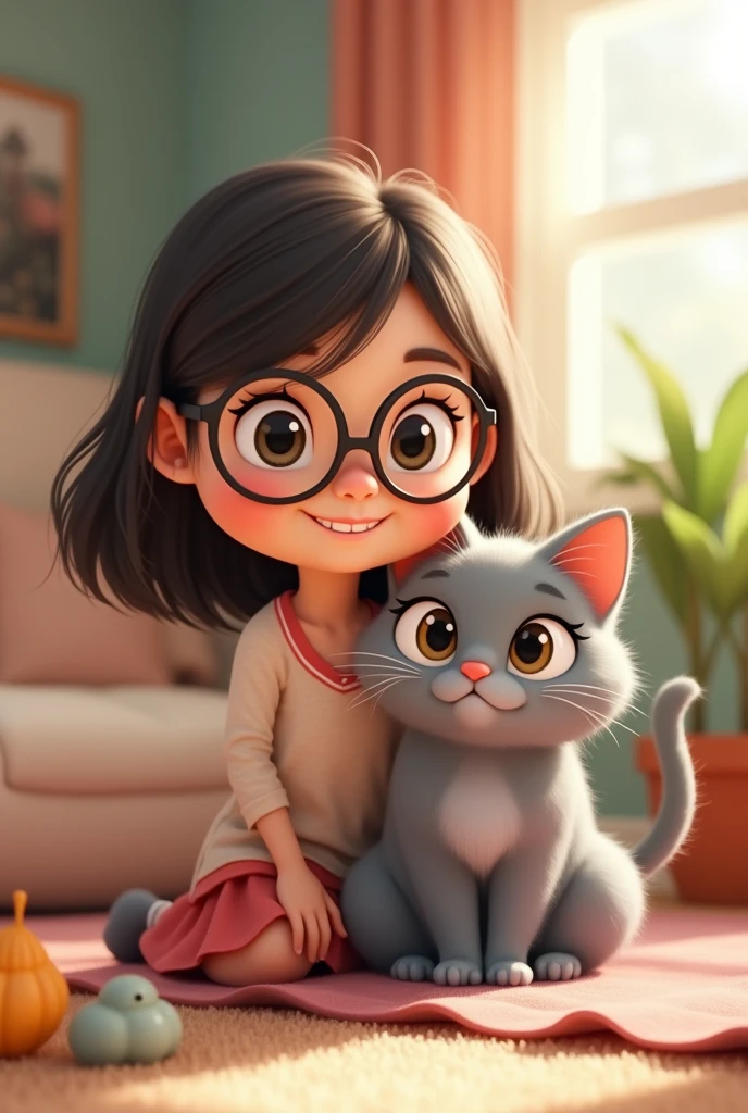 Cartoon photo a girl with her grey cat. The girl round glasses，shoulder hair length. The cat name is Mina. 