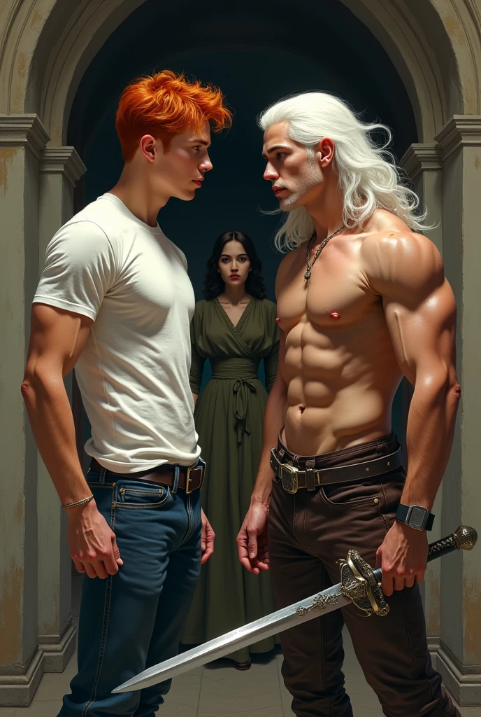 two mens, an 18 year old young man, short red hair , wearing jeans and a white t-shirt, lean, muscular body and red hair, and a man with long white hair and a youthful appearance similar to Henry Cavill, with animal leather pants, bare chest and holding a sword, muscular men being watched by a woman in hidden Victorian clothing