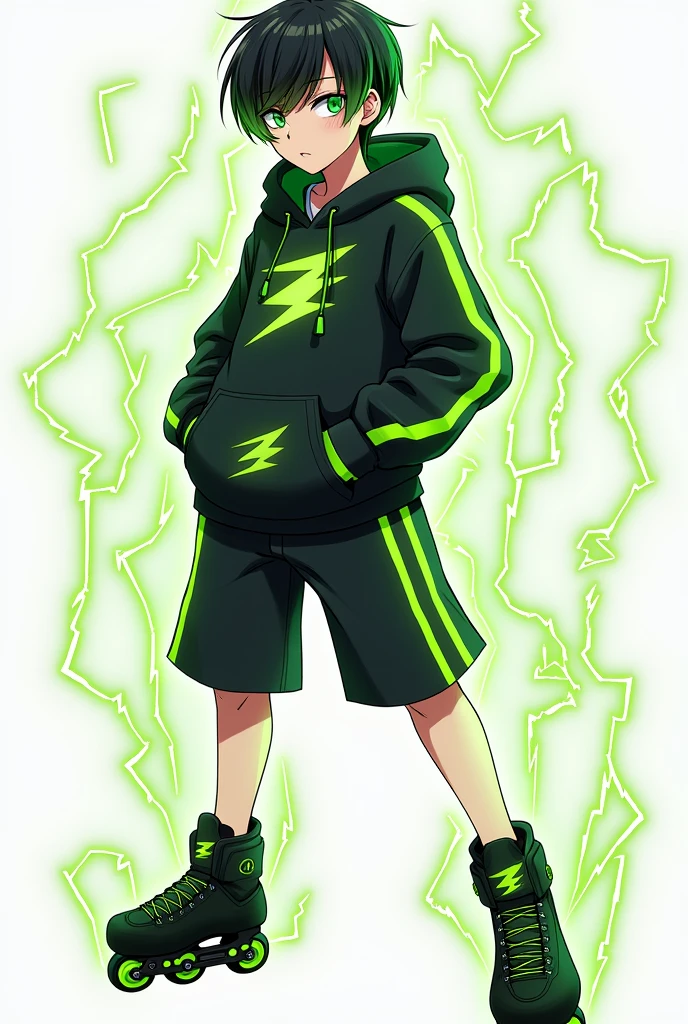 Could you please create an Anime Character. A male character with black hair reaching his ears, bright green eyes, wearing a black hoodie with green lightning around the waist, black shorts, and a silver ring with a subtle lightning pattern. He has a green lightning aura. He schuld wear cool black inline skates with green weehls. His hair with a bit green in it. He is 23 years old