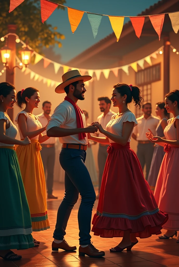 This scene shows a vibrant traditional dance in the Venegas family home.. The room is decorated with colorful pennants and oil lamps that softly illuminate the environment.. men and women, dressed in traditional Costa Rican costumes in the 19th century, fill the dance floor. The men wear straw hats and plain blue trousers and at the waist they add a red wad of cloth that falls on the left side of the waist and reaches the knees and on the neck a handkerchief tied with a knot in front. , also with leather sandals , While women wear long, colorful dresses, white on top and colors more representative of Costa Rican culture below., with ribbons in the hair, Don't put hats on her, just ribbons in her hair.. music, played by a string ensemble in a corner, fills the air with festive melodies. There is laughter, Lively conversations, and a general feeling of community and celebration