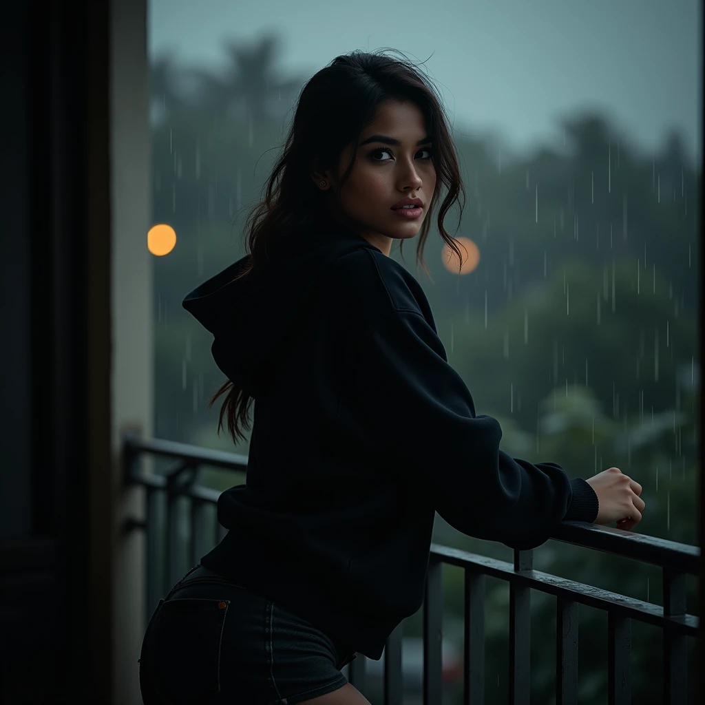best quality,4k,8k,highres,masterpiece:1.2),ultra-detailed,(realistic,photorealistic,photo-realistic:1.37),srilankan 25 year old girl, with attractive facial features,beautiful detailed eyes,beautiful detailed lips,extremely detailed eyes and face,longeyelashes, fair skin tone. big breasts. wearing a black hoodie and black shorts, rainy day, dark atmosphere, posing elegantly for an instagram picture. standing on her room balcony while its raining. both hands holding the balcony fence, she's admiring the rain