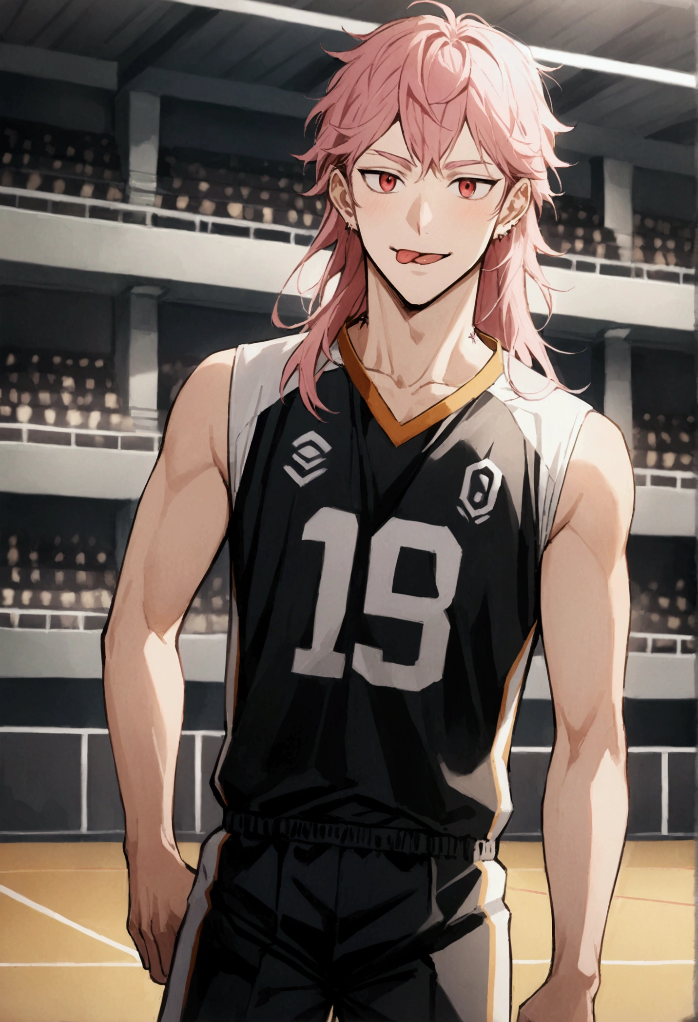 haikyuu style boy smiling,with white layered hair (hair down to the nape of the neck and longer sideburns with pink streaks)red eyes (Lost look)with a piercing on the tongue,nose and eyebrow with Shiratorizawa haikyuu uniform anime style(background of a volleyball court) Full body with Shiratorizawa volleyball uniform with number 5