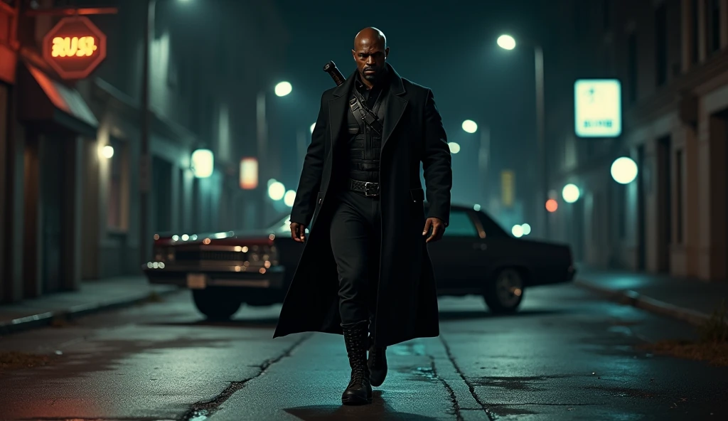 Hiper focus, wesley snipes como Blade (marvel) walking down a dark street at night, sword in one hand, black man wearing a black overcoat, an impala in the background, black military vest, black military pants, black combat boots, short black hair, ultra realisitic, Reality, hiperReality 