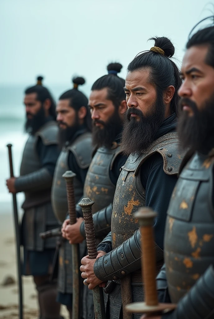 Highest quality、Ultra-high resolution、8k、RAW Photos、Japanese Samurai、group、((The salt water rusted the sword.、Sad))、Beach of Despair、warrior、armor、Rusty Sword、beard、cinematic lightening、Chip in blade、I can&#39;t recover