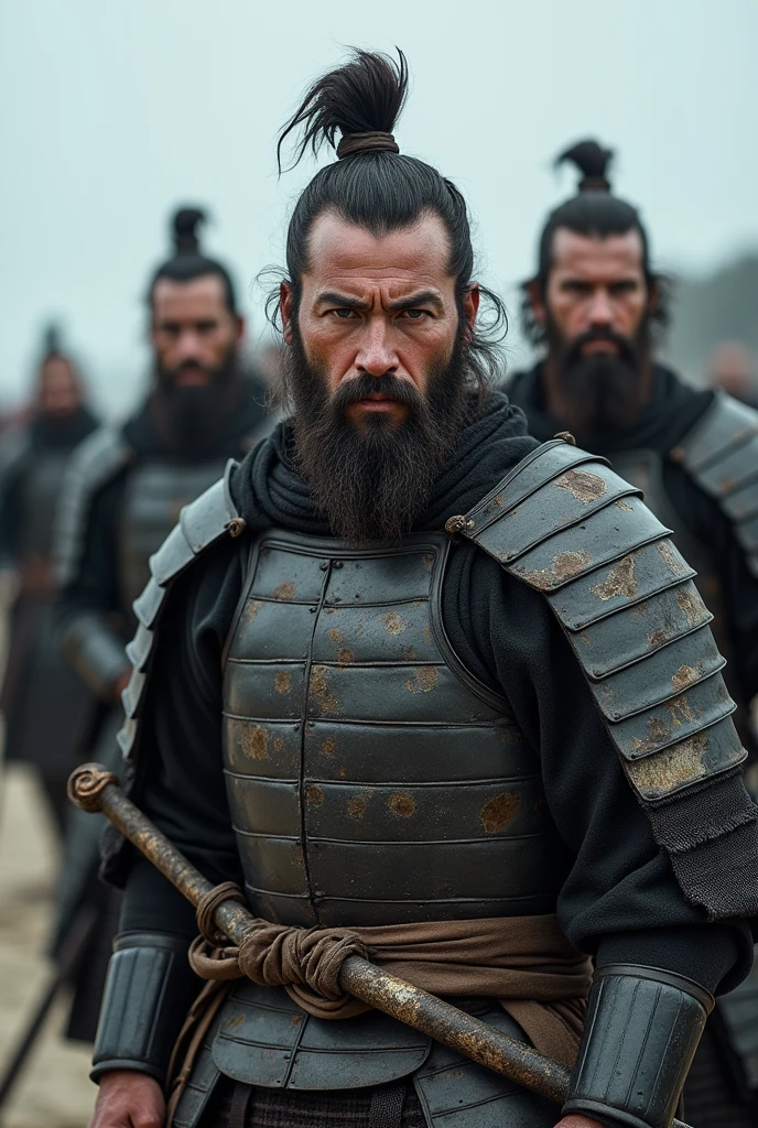 Highest quality、Ultra-high resolution、8k、RAW Photos、Japanese Samurai、group、((The salt water rusted the sword.、Sad))、Beach of Despair、warrior、armor、Rusty Sword、beard、cinematic lightening、Chip in blade、I can't recover