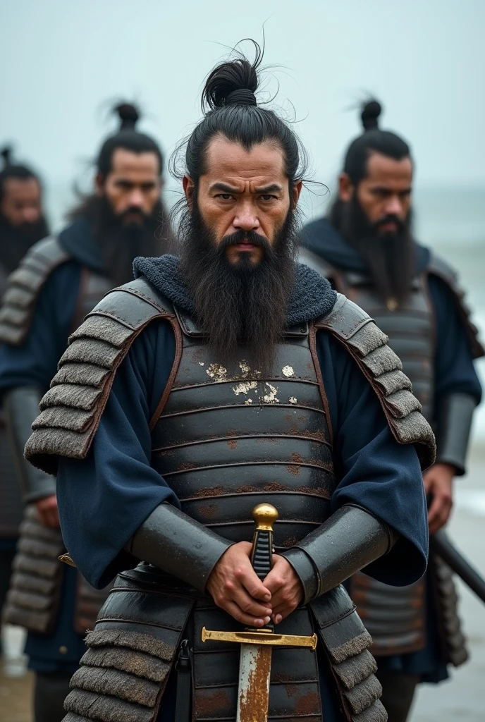 Highest quality、Ultra-high resolution、8k、RAW Photos、Japanese Samurai、group、((The salt water rusted the sword.、Sad))、Beach of Despair、warrior、armor、Rusty Sword、beard、cinematic lightening、Chip in blade、I can't recover