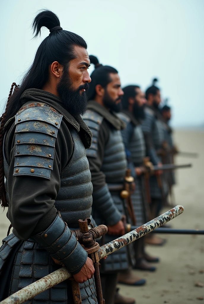 Highest quality、Ultra-high resolution、8k、RAW Photos、Japanese Samurai、group、((The salt water rusted the sword.、Sad))、Beach of Despair、warrior、armor、Rusty Sword、beard、cinematic lightening、Chip in blade、I can&#39;t recover