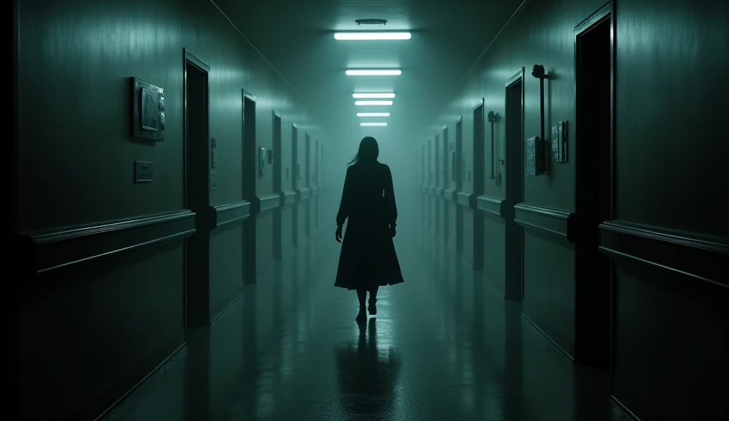 A long, gloomy hospital corridor with the distant figure of a woman dressed in black at the end. Lighting creates deep contrasts, and the air is charged with an ominous presence, suggesting something sinister ahead.