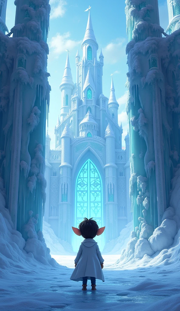 
image: Dr. Minion, standing in front of the ice castle gate, queen elsa ice 